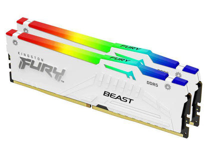 Kingston's 32GB Fury Beast DDR5 RGB kit (KF556C40BWAK2-32) delivers high-speed 5600MT/s performance with low CL40 latency in a stylish white design. Ideal for high-end desktops, this dual-module kit adds visual flair with RGB lighting while maintaining TAA compliance for government and enterprise use. It's built with Kingston's reliability and backed by quality manufacturing in Taiwan.
