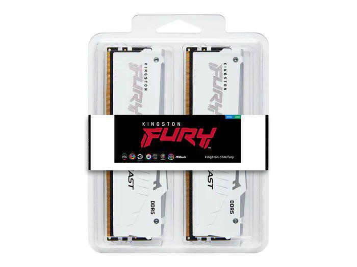 The Kingston 64GB (2x32GB) Fury Beast DDR5 memory kit delivers high-speed performance at 5600MT/s with reliable CL40 latency, ideal for high-end gaming and creative workloads. The stunning white heatspreader and RGB lighting add visual flair while ensuring thermal efficiency. This TAA-compliant memory module is built in Taiwan and designed to meet the demands of modern systems.