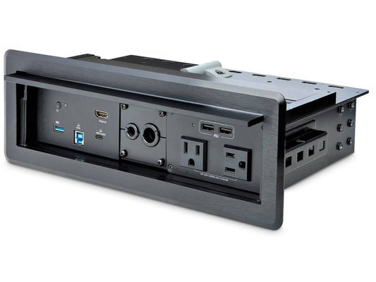 This versatile in-table docking station from StarTech combines power delivery, seamless docking, and data connectivity in a single compact solution. With support for both USB-C and USB-A laptops, triple HDMI outputs, Gigabit Ethernet, and dedicated AC power outlets, it's ideal for professional desks or conference setups. It also features USB 3.0 ports, a 60W PD passthrough, and BC 1.2 USB charging.