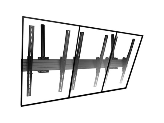 The CHIEF FUSION LCM3X1UP is a ceiling-mounted menu board designed for professional signage applications in portrait orientation. Engineered to hold three large screens side-by-side, it is ideal for digital menu boards, advertising displays, or informational kiosks. Its sleek black finish and compliance with TAA standards make it suitable for commercial and government installations.