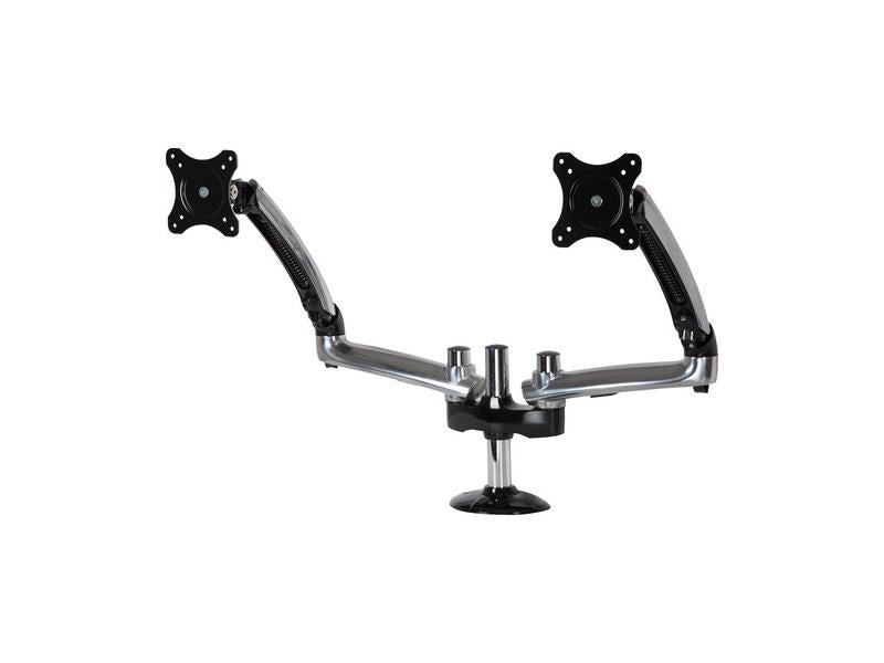 The PEERLESS LCT620AD is a dual monitor desktop arm mount designed for fast, secure installation with a clamp-on base. Supporting screen sizes from 10 to 30 inches and compatible with 75 x 75mm and 100 x 100mm VESA patterns, this silver-finished aluminum mount offers articulating arms for ergonomic adjustment. With a weight capacity of up to 17.8 lbs per arm and full 360-degree rotation, it enhances comfort and productivity in professional workspaces.