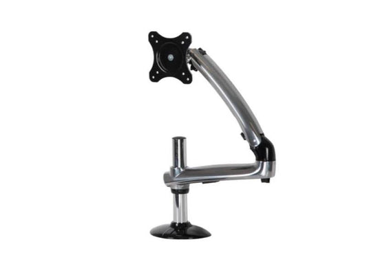 The Peerless LCT620A is a single-monitor arm mount designed for fast, clamp-on installation on desks or counters. Supporting screens from 10 to 30 inches and weights up to 17.8 lb, it offers ergonomic adjustment with a sleek silver design and integrated cable management for a neat, professional appearance.