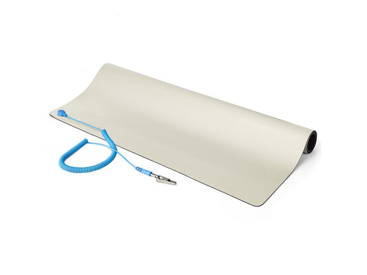 This ESD mat from StarTech helps safeguard sensitive electronic components by dissipating static charges during repair, assembly, or testing. Measuring 23 x 47 inches, the beige anti-static mat is ideal for desks, tables, server rooms, or labs requiring electrostatic discharge (ESD) control. ANSI/ESD S4.1 compliance makes it suitable for professional environments.