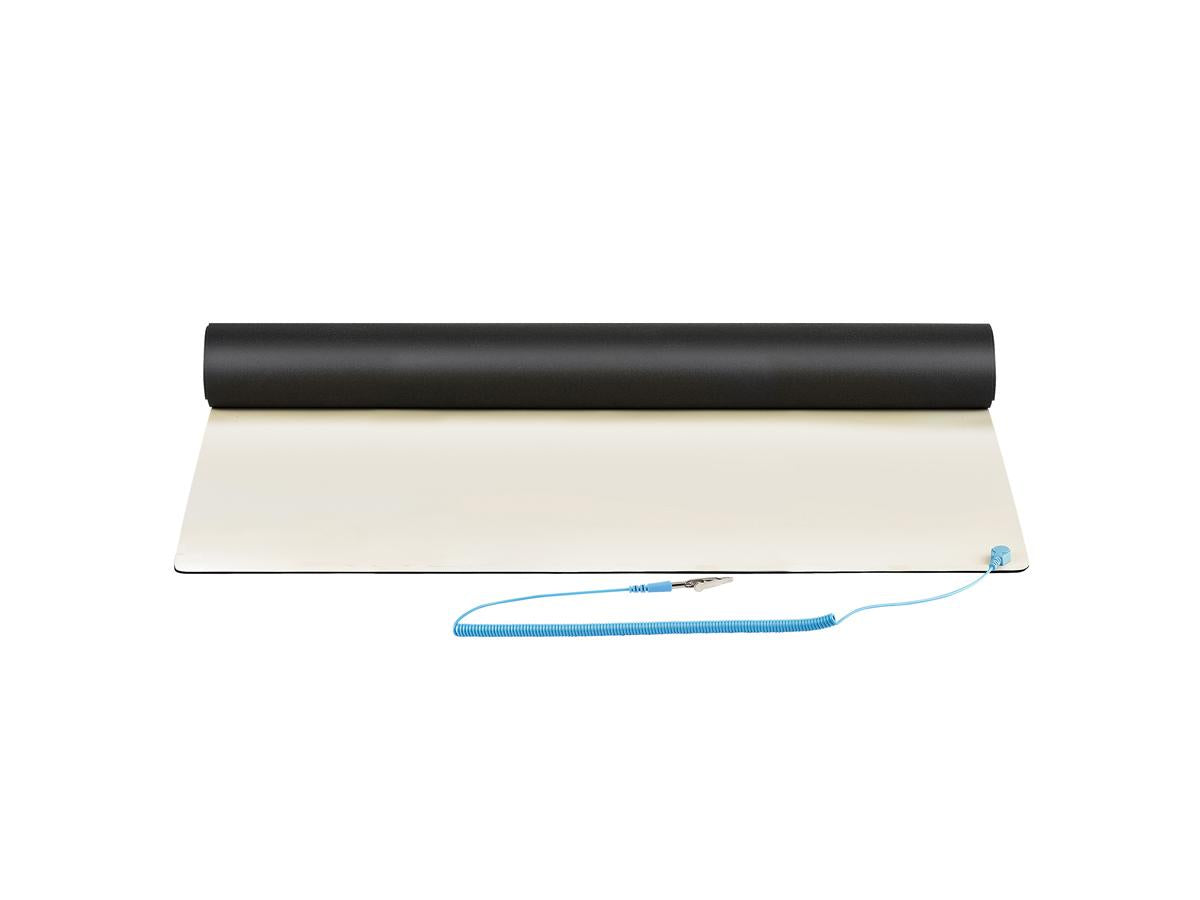 This ESD mat from StarTech helps safeguard sensitive electronic components by dissipating static charges during repair, assembly, or testing. Measuring 23 x 47 inches, the beige anti-static mat is ideal for desks, tables, server rooms, or labs requiring electrostatic discharge (ESD) control. ANSI/ESD S4.1 compliance makes it suitable for professional environments.