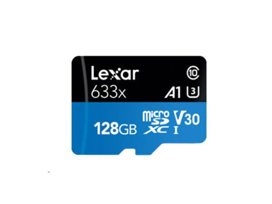 Lexar High Performance 633x MicroSDXC offers 128GB of reliable storage, ideal for high-speed data transfer and mobile applications. With Class 10, U3, V30, and A1 ratings, it ensures performance for full HD and 4K content. Includes SD adapter for enhanced compatibility.