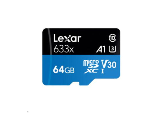 Lexar's High Performance 633x 64GB MicroSDXC card delivers fast, reliable storage with UHS-I speeds and a handy SD adapter for versatile use. It's rated Class 10, U3, V30, and A1, making it suitable for HD video, mobile gaming, and fast app loading. Built in Taiwan and TAA-compliant, it is ideal for both personal and professional workflows.