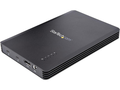 This STARTECH 4 Bay Thunderbolt 3 NVMe enclosure supports up to four 80mm M.2 SSDs (NVMe or AHCI) and features a certified Thunderbolt 3 interface for ultra-fast 40Gbps data transfers. It includes a downstream TB3 port, DisplayPort 4K@60Hz output, and a robust 72W power supply, all housed in a compact, black design. Designed for professionals who require high throughput and performance, it comes with a 2-year warranty and is fully TAA compliant.