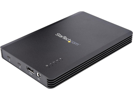 This STARTECH 4 Bay Thunderbolt 3 NVMe enclosure supports up to four 80mm M.2 SSDs (NVMe or AHCI) and features a certified Thunderbolt 3 interface for ultra-fast 40Gbps data transfers. It includes a downstream TB3 port, DisplayPort 4K@60Hz output, and a robust 72W power supply, all housed in a compact, black design. Designed for professionals who require high throughput and performance, it comes with a 2-year warranty and is fully TAA compliant.