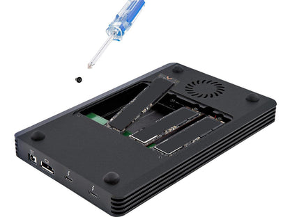 This STARTECH 4 Bay Thunderbolt 3 NVMe enclosure supports up to four 80mm M.2 SSDs (NVMe or AHCI) and features a certified Thunderbolt 3 interface for ultra-fast 40Gbps data transfers. It includes a downstream TB3 port, DisplayPort 4K@60Hz output, and a robust 72W power supply, all housed in a compact, black design. Designed for professionals who require high throughput and performance, it comes with a 2-year warranty and is fully TAA compliant.