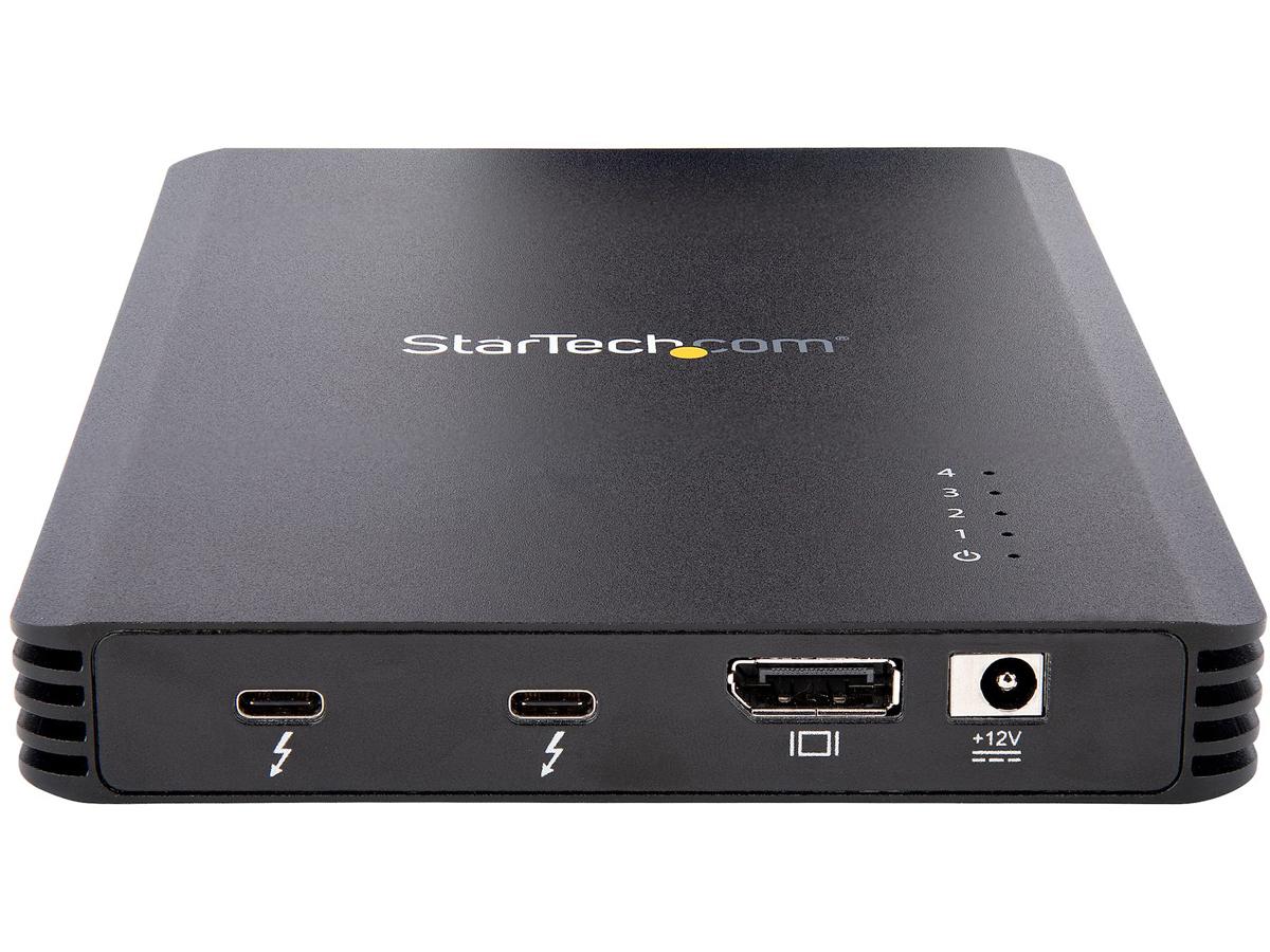 This STARTECH 4 Bay Thunderbolt 3 NVMe enclosure supports up to four 80mm M.2 SSDs (NVMe or AHCI) and features a certified Thunderbolt 3 interface for ultra-fast 40Gbps data transfers. It includes a downstream TB3 port, DisplayPort 4K@60Hz output, and a robust 72W power supply, all housed in a compact, black design. Designed for professionals who require high throughput and performance, it comes with a 2-year warranty and is fully TAA compliant.