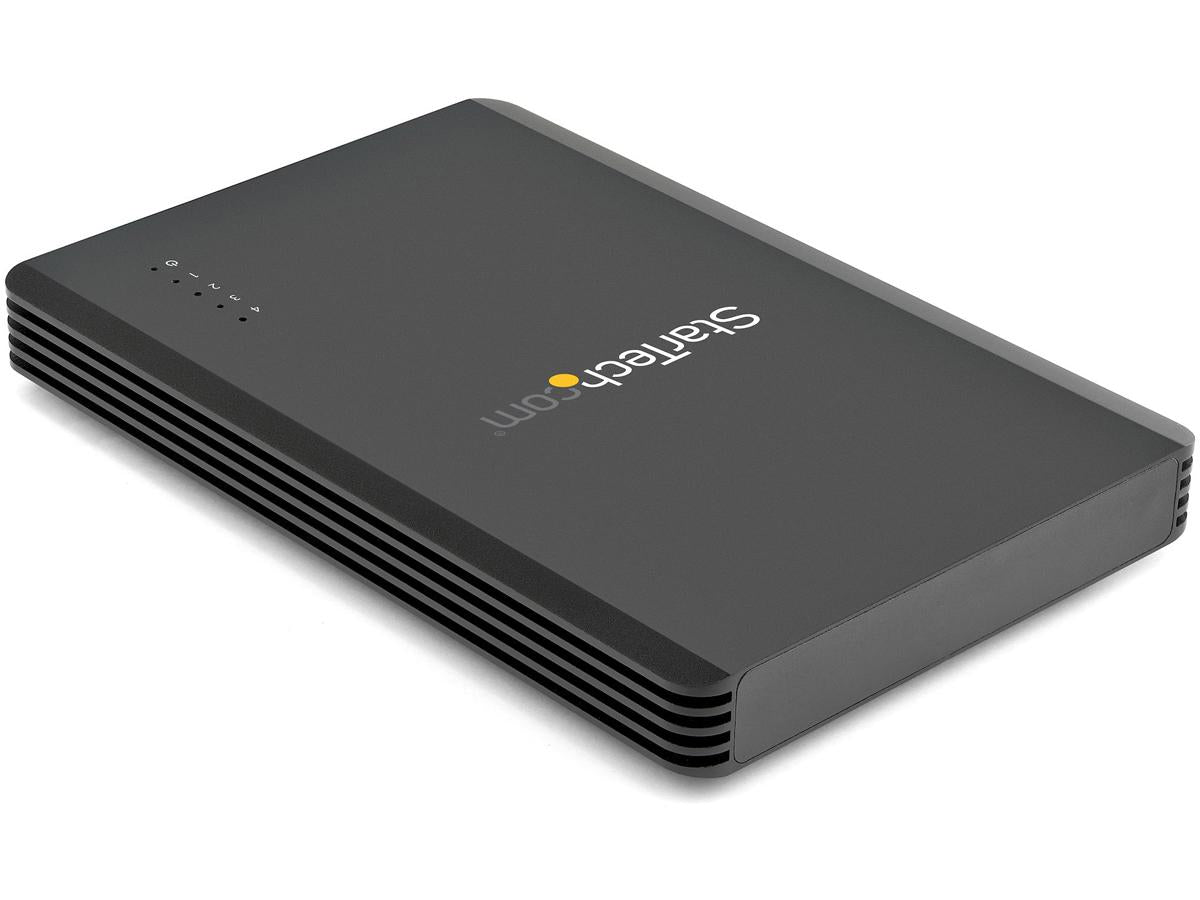 This STARTECH 4 Bay Thunderbolt 3 NVMe enclosure supports up to four 80mm M.2 SSDs (NVMe or AHCI) and features a certified Thunderbolt 3 interface for ultra-fast 40Gbps data transfers. It includes a downstream TB3 port, DisplayPort 4K@60Hz output, and a robust 72W power supply, all housed in a compact, black design. Designed for professionals who require high throughput and performance, it comes with a 2-year warranty and is fully TAA compliant.