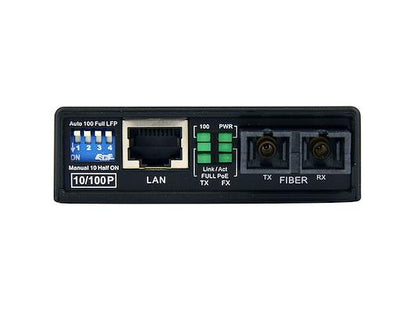 Convert and extend a 10/100 Mbps Ethernet connection up to 2 km over Multi Mode SC fiber with the StarTech MCM110SC2P. This compact media converter features PoE capability, supports Fast Ethernet via RJ-45 and SC interfaces, and complies with TAA standards. Ideal for extending network connectivity across long distances while simplifying power delivery requirements.