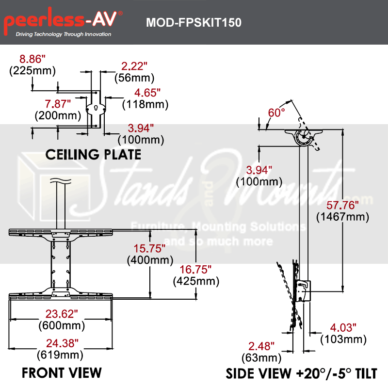 Peerless MOD-FPSKIT150-B 1.5M Flat Panel Ceiling Mount Kit, Black