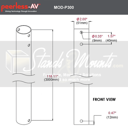 Perche d'extension chromée PEERLESS MOD-P300 3M pour supports modulaires
