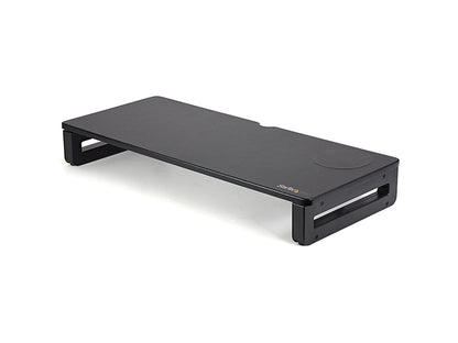 Elevate your workstation ergonomics and reduce desk clutter with the StarTech Monitor Riser Stand featuring an integrated 15W Qi-certified wireless charging pad. Supporting up to 33 lbs, its adjustable height settings and anti-slip feet ensure both comfort and stability. Ideal for users seeking a space-efficient solution to charge devices while optimizing screen alignment.