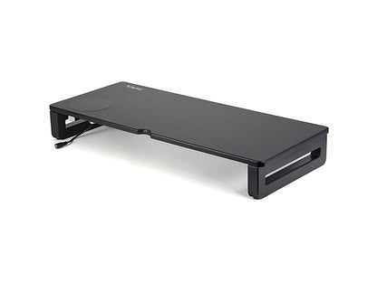 Elevate your workstation ergonomics and reduce desk clutter with the StarTech Monitor Riser Stand featuring an integrated 15W Qi-certified wireless charging pad. Supporting up to 33 lbs, its adjustable height settings and anti-slip feet ensure both comfort and stability. Ideal for users seeking a space-efficient solution to charge devices while optimizing screen alignment.
