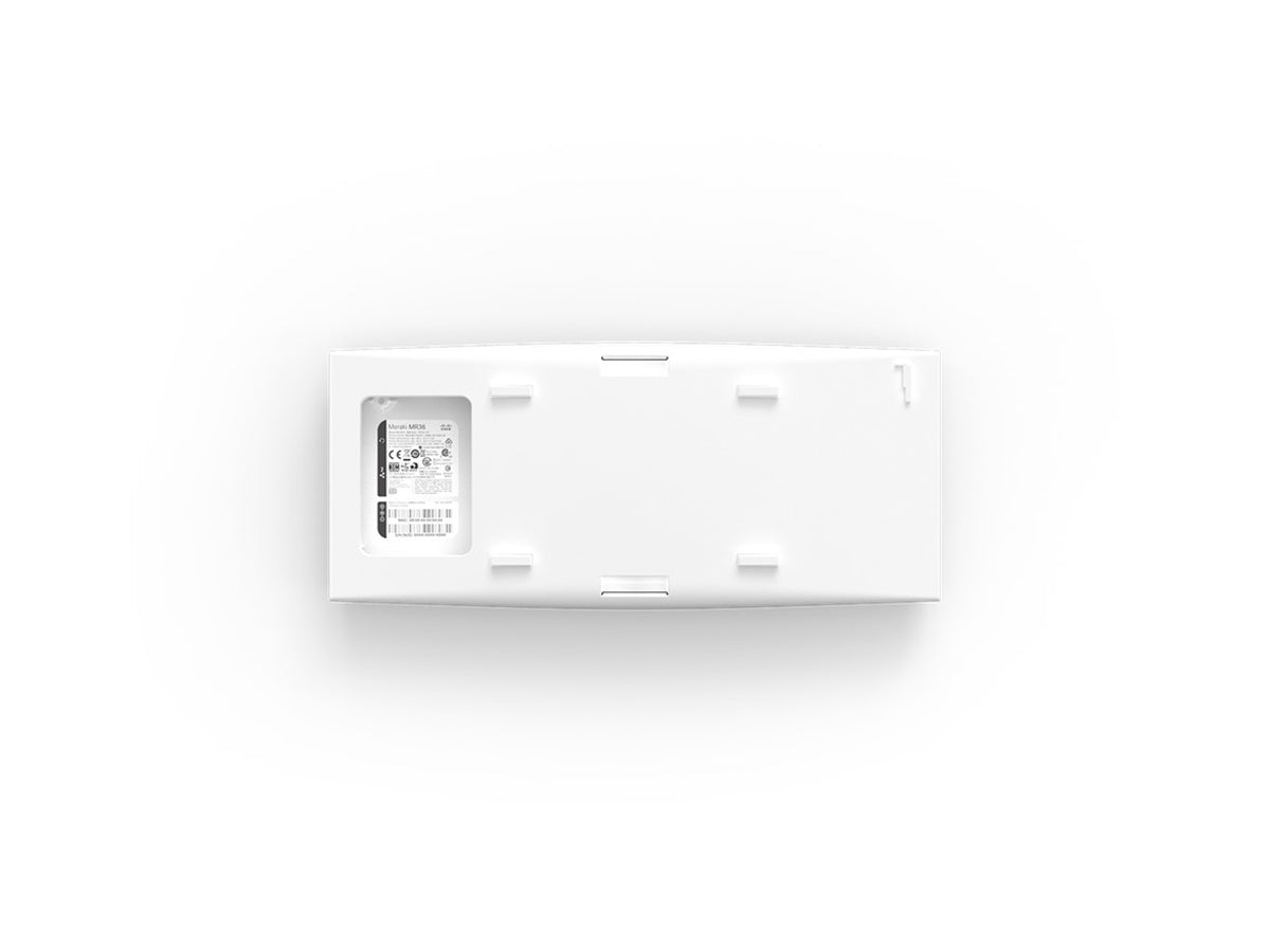 Meraki MR36 Wi-Fi 6 Indoor AP delivers enterprise-level wireless performance over dual bands with combined speeds of up to 1.7 Gbps. It includes a single Gigabit Ethernet port, supports 802.11b/g/n/ax/ac standards, and complies with 802.3af power specifications. Designed for indoor environments, it comes with a 1-year hardware warranty including advanced replacement.