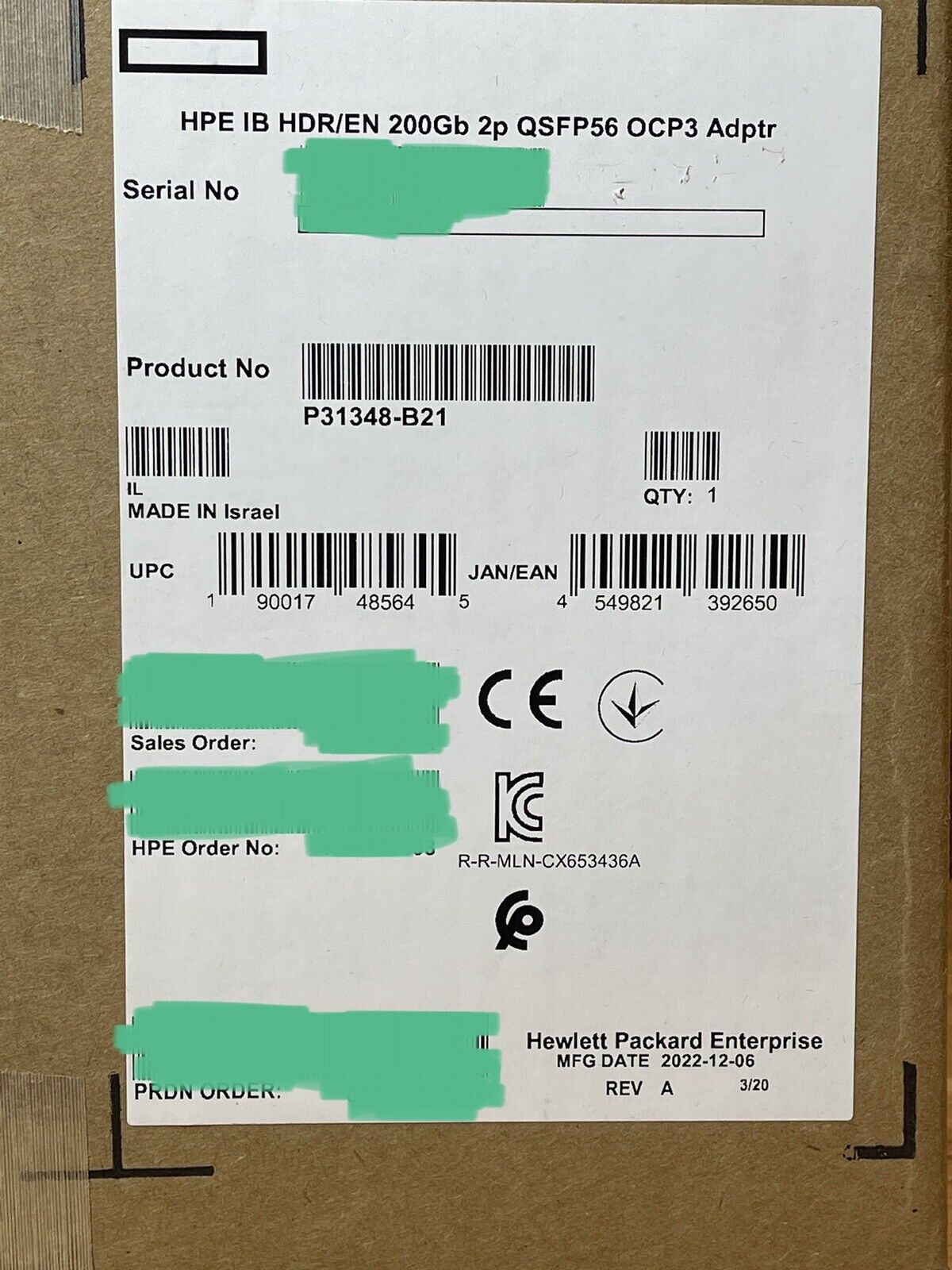 HPE IB HDR/EN 200Gb 2P QSFP56 OCP3 Adapter
