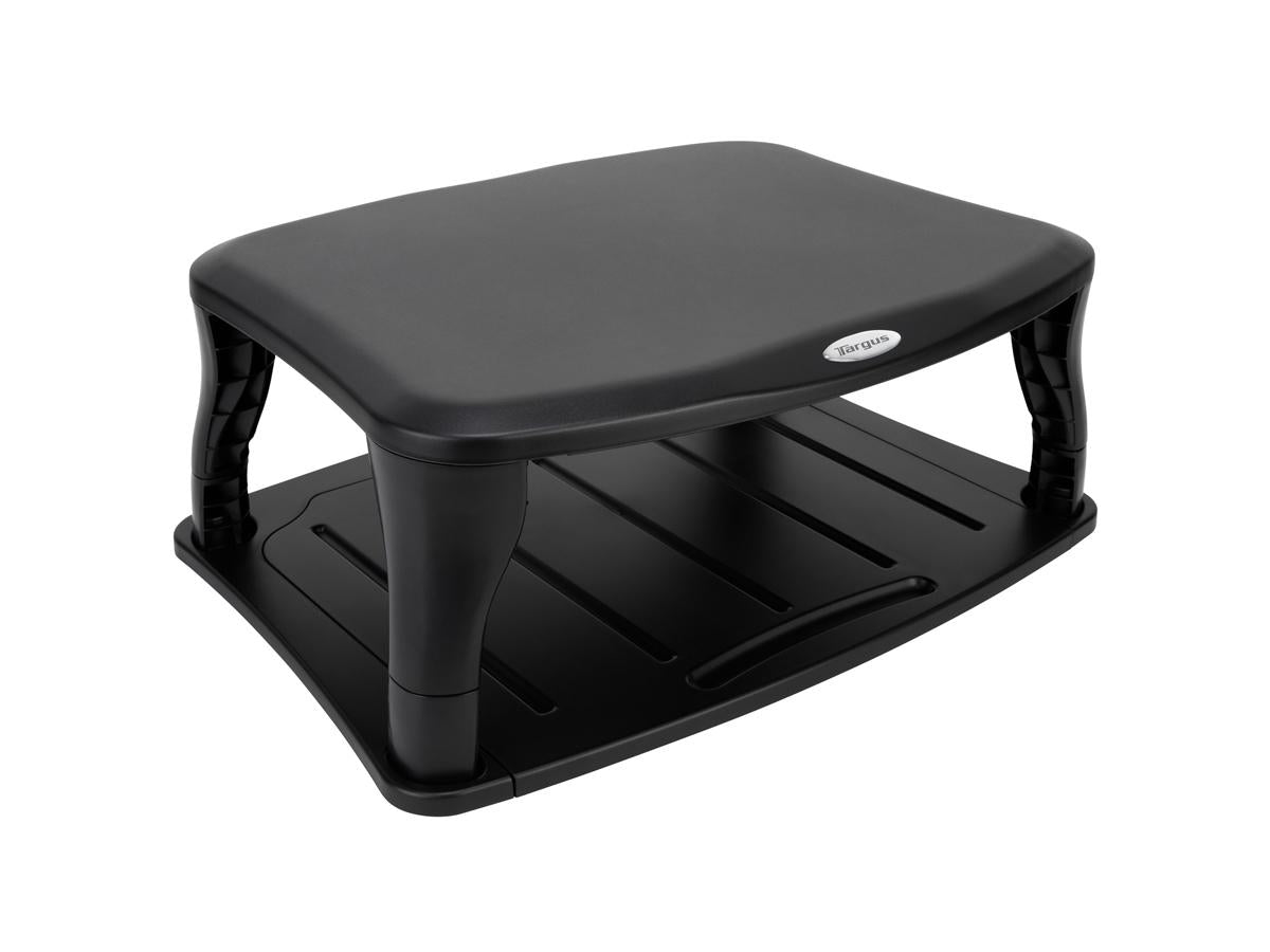 The TARGUS Universal Monitor Stand in black supports monitors up to 100 lbs and offers two adjustable height positions to suit various workspace needs. Its durable build and broad compatibility make it a practical solution for enhancing ergonomics and desk efficiency.