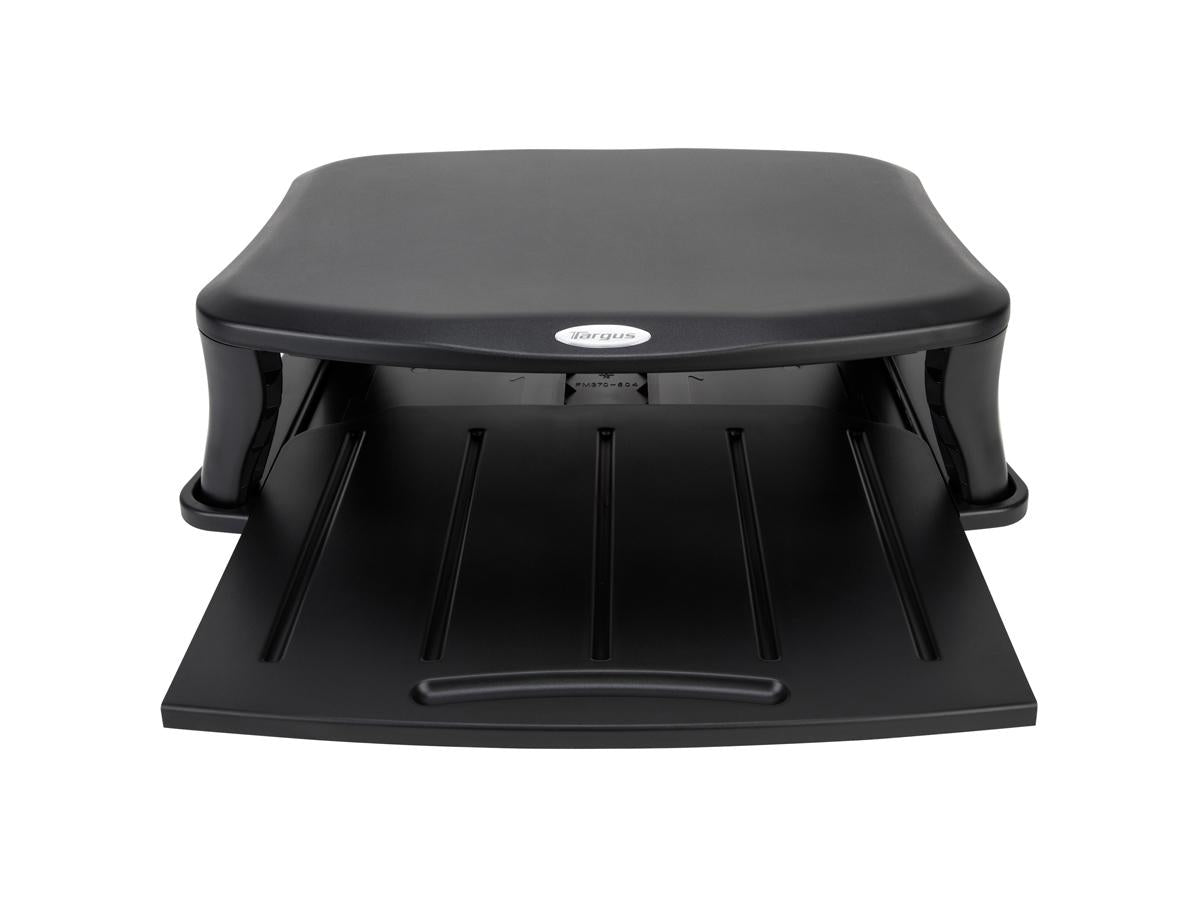 The TARGUS Universal Monitor Stand in black supports monitors up to 100 lbs and offers two adjustable height positions to suit various workspace needs. Its durable build and broad compatibility make it a practical solution for enhancing ergonomics and desk efficiency.