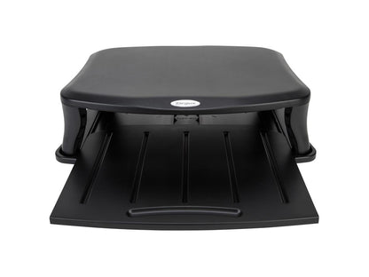 The TARGUS Universal Monitor Stand in black supports monitors up to 100 lbs and offers two adjustable height positions to suit various workspace needs. Its durable build and broad compatibility make it a practical solution for enhancing ergonomics and desk efficiency.