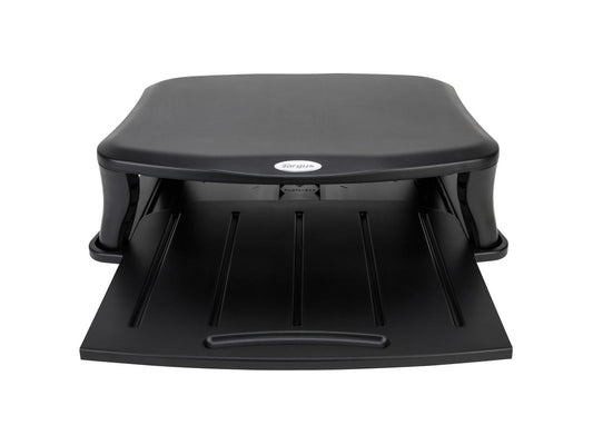The TARGUS Universal Monitor Stand in black supports monitors up to 100 lbs and offers two adjustable height positions to suit various workspace needs. Its durable build and broad compatibility make it a practical solution for enhancing ergonomics and desk efficiency.