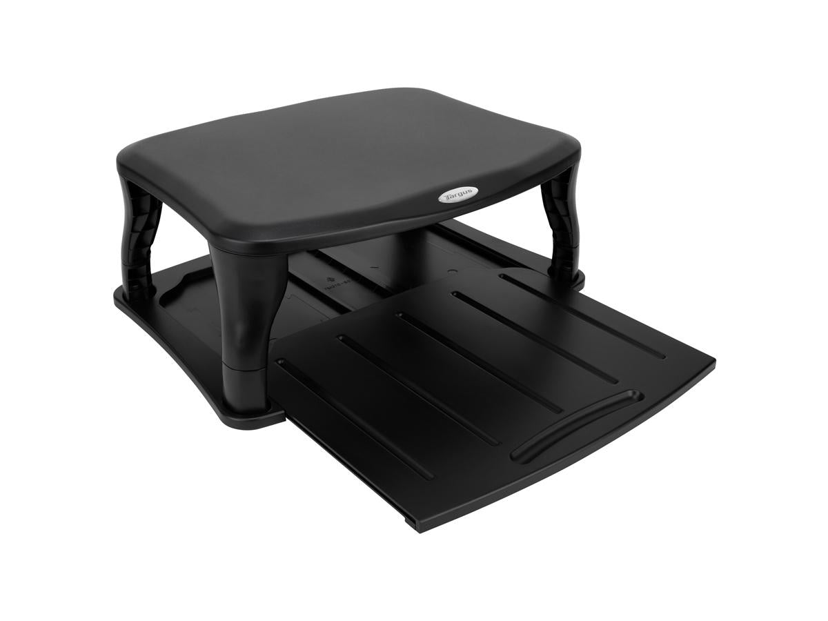 The TARGUS Universal Monitor Stand in black supports monitors up to 100 lbs and offers two adjustable height positions to suit various workspace needs. Its durable build and broad compatibility make it a practical solution for enhancing ergonomics and desk efficiency.