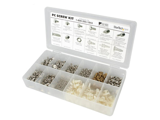 The STARTECH PC Screw Kit features an assortment of screws, nuts, and standoffs designed for efficient PC hardware installations. Engineered in durable steel with a white finish, it provides the essential fasteners for assembling or upgrading desktop systems, backed by a 2-year warranty. TAA compliant and made in Taiwan, this kit is ideal for IT professionals and builders.
