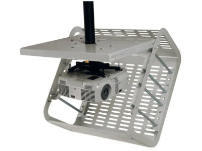 The PEERLESS PE1120-W Projector Enclosure offers durable security and protection for most projectors, finished in a clean white enclosure. Designed with an interlocking top tray and adjustable bars, it ensures flexible lens alignment for retrofit and new installations. Ideal for commercial AV setups and TAA-compliant applications.