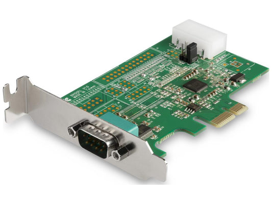 This StarTech PCI Express RS232 serial adapter card features a high-speed 1-port controller with 16950 UART and ASIX AX99100 chipset. Supporting bi-directional speeds up to 921.6Kbps per port and configurable 5V/12V output on pin 9, it offers excellent flexibility for industrial and point-of-sale applications. Includes full and low-profile brackets for broad compatibility with Windows and Linux systems.