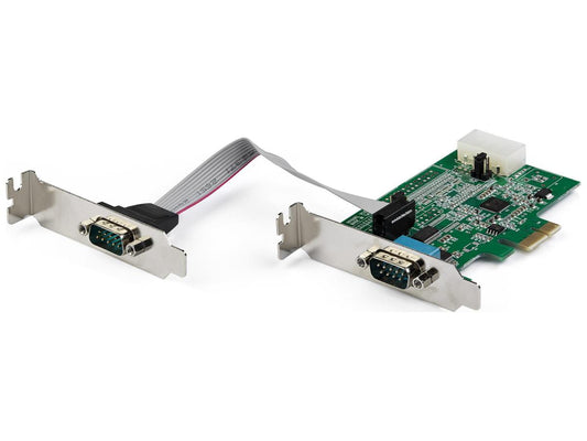 The StarTech 2-Port PCIe RS232 Serial Adapter Card offers dual DB9 ports with 16950 UART and ASIX AX99100 chipset for reliable high-speed serial communication. Featuring a low-profile design, 256-byte FIFO buffers, and configurable 5V/12V power on Pin 9, it supports bi-directional speeds up to 921.6Kbps. Ideal for industrial and legacy serial applications, it includes both standard and low-profile brackets for flexible installation.