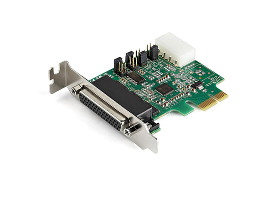 The StarTech 4-Port PCIe RS232 Serial DB9 Adapter Card offers high-speed bi-directional communication with support for up to 921.6 Kbps on each of its four ports. Featuring a 16950 UART and a 256-byte FIFO, it ensures reliable and efficient data transfer, supported by a breakout cable and compatibility with Windows and Linux systems. This adapter also includes a standard and low-profile bracket and supports selectable power output on Pin 9, making it ideal for diverse serial device deployments.