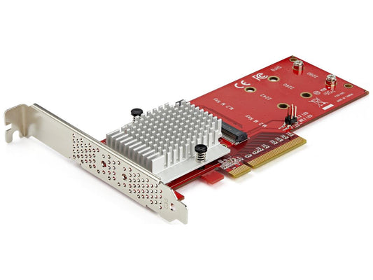 Dual M.2 PCIe SSD adapter card from StarTech enables installation of two PCIe M-Key SSDs (NVMe or AHCI) into a server or workstation. Compatible with Samsung models such as 970 Evo and 950 Pro, this adapter supports software RAID 0/1/JBOD/SPAN for flexible storage configurations. Includes both full and low-profile brackets and supports Windows, Linux, and macOS systems.