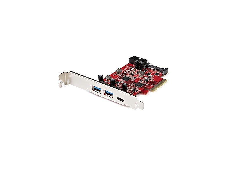This STARTECH 5-Port USB PCIe Card is built for high-speed connectivity and efficiency. Offering 10Gbps transfer through USB 3.1 Gen 2, it includes two USB Type-A ports, one USB-C port, and an internal IDC header for two additional 5Gbps USB connections. Designed for performance systems, it fits both full and low-profile PCIe x4 slots and includes optional SATA power support.