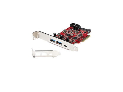 This STARTECH 5-Port USB PCIe Card is built for high-speed connectivity and efficiency. Offering 10Gbps transfer through USB 3.1 Gen 2, it includes two USB Type-A ports, one USB-C port, and an internal IDC header for two additional 5Gbps USB connections. Designed for performance systems, it fits both full and low-profile PCIe x4 slots and includes optional SATA power support.