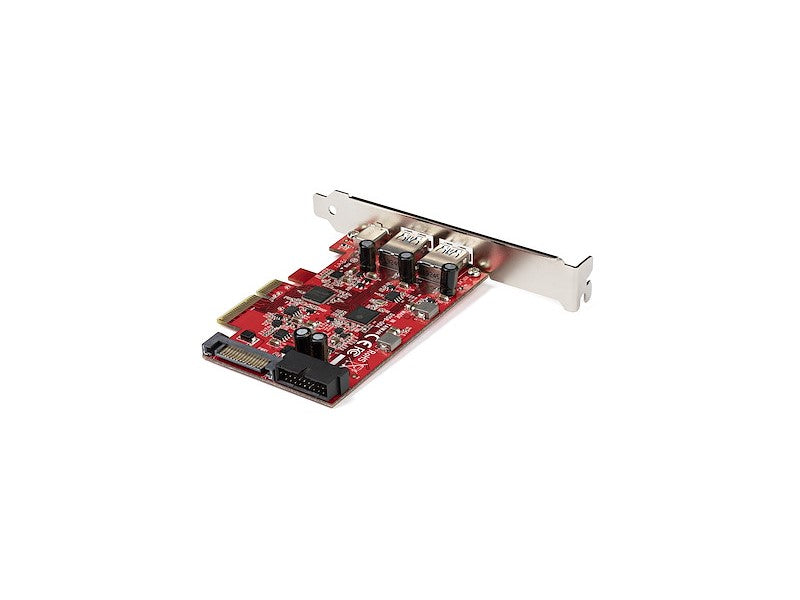 This STARTECH 5-Port USB PCIe Card is built for high-speed connectivity and efficiency. Offering 10Gbps transfer through USB 3.1 Gen 2, it includes two USB Type-A ports, one USB-C port, and an internal IDC header for two additional 5Gbps USB connections. Designed for performance systems, it fits both full and low-profile PCIe x4 slots and includes optional SATA power support.