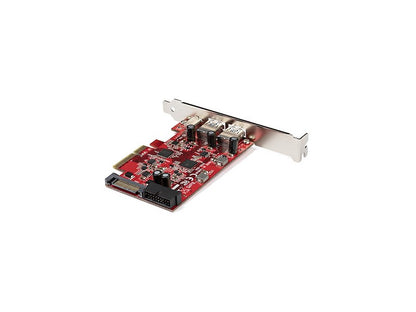 This STARTECH 5-Port USB PCIe Card is built for high-speed connectivity and efficiency. Offering 10Gbps transfer through USB 3.1 Gen 2, it includes two USB Type-A ports, one USB-C port, and an internal IDC header for two additional 5Gbps USB connections. Designed for performance systems, it fits both full and low-profile PCIe x4 slots and includes optional SATA power support.