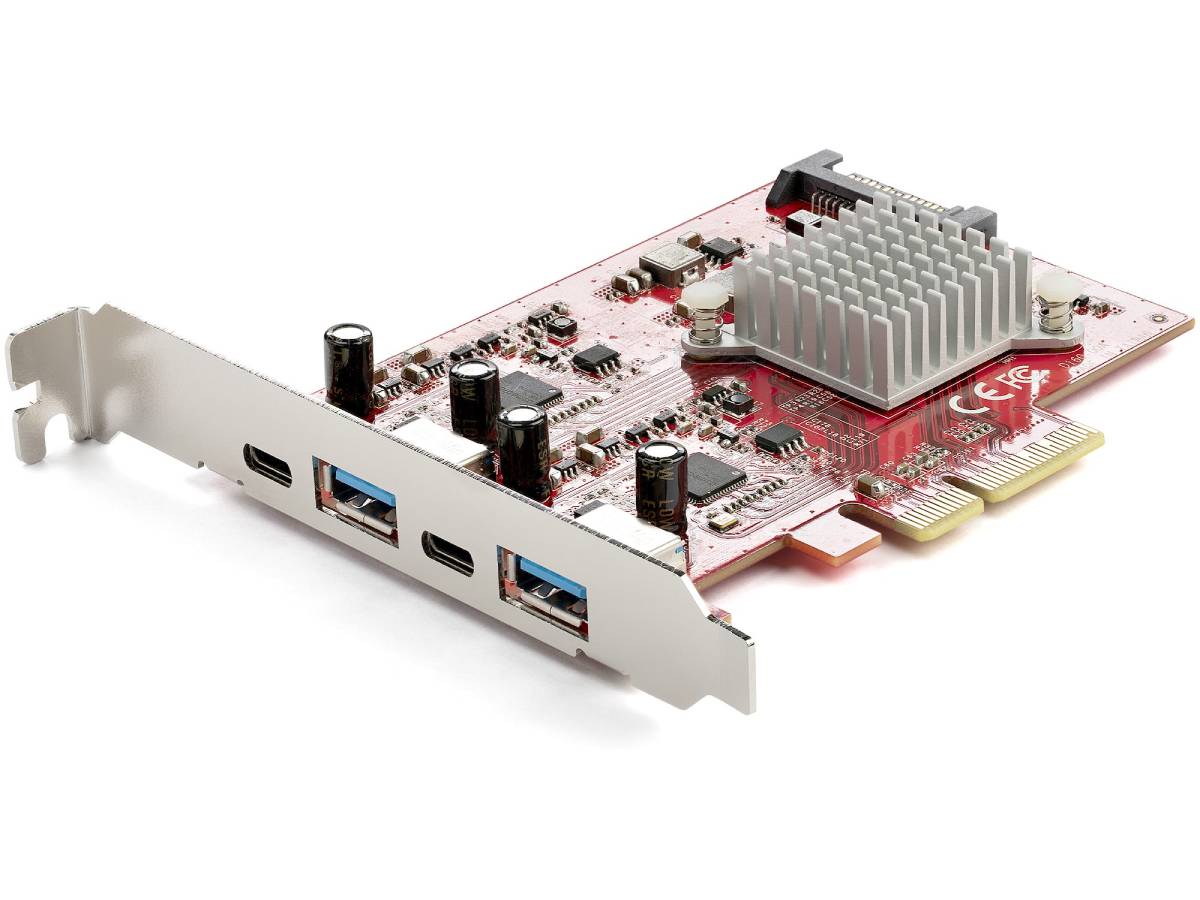 This StarTech 4-port USB PCIe expansion card delivers high-speed 10Gbps transfer via USB 3.1 Gen 2 connections. Equipped with two USB-C and two USB-A ports, it leverages dual ASM3142 controllers for optimized bandwidth and supports optional SATA power for stable high-performance device connections. Ideal for desktop users needing fast SSD/NVMe or USB peripheral access.