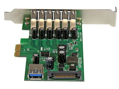 Add seven SuperSpeed USB 3.0 ports to your desktop with the StarTech PEXUSB3S7 PCI Express card, providing six external and one internal connection. It supports data transfer rates up to 5 Gbps and offers full backward compatibility with USB 2.0/1.1 devices. Designed for scalability and flexibility, this card is ideal for expanding connectivity in Windows 8/8.1 systems with native UASP support.