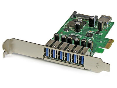 Add seven SuperSpeed USB 3.0 ports to your desktop with the StarTech PEXUSB3S7 PCI Express card, providing six external and one internal connection. It supports data transfer rates up to 5 Gbps and offers full backward compatibility with USB 2.0/1.1 devices. Designed for scalability and flexibility, this card is ideal for expanding connectivity in Windows 8/8.1 systems with native UASP support.