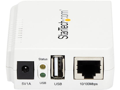 Share your USB printer easily over a wireless network with the StarTech 1-Port USB Wireless N Print Server. Designed for simple and efficient printer sharing, it supports 802.11 b/g/n standards with both wireless and Ethernet connectivity. Ideal for small offices or remote printer access setups, this device allows multiple users to connect to a single USB printer via Wi-Fi or wired LAN.