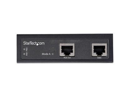 This high-performance industrial Gigabit PoE injector from StarTech delivers up to 30W of power to IEEE 802.3af/at compatible devices. Engineered for rugged environments, it features a -40°C to 75°C temperature range, IP-30 rated housing, and DIN/wall mount options, making it ideal for harsh industrial applications.