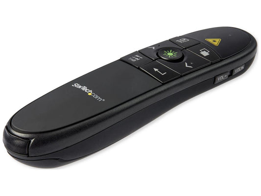 Vibrant green laser enhances visibility on all types of projection surfaces, making presentations clearer and more engaging. This wireless presentation remote by StarTech features a 90 ft. range, 9-button control layout, and comes with a protective carrying case ideal for travel professionals. Designed for compatibility with personal computers and powered by AAA alkaline batteries, it ensures both portability and convenience for presenters.