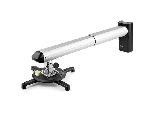 Universal projector wall mount kit with support for short and ultra-short throw projectors up to 33 lb. This TAA-compliant mount features precision dials for easy adjustment and fits 3 or 4-hole patterns up to 12.8 inches in diameter. The extendable arm adjusts between 16.5 and 27.7 inches from the wall, offering flexible installation options.