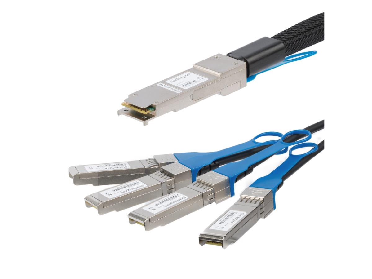 Cisco-compatible 5m QSFP+ to 4x SFP+ DAC cable from StarTech, ideal for high-speed 40GbE networking. This passive twinax copper breakout cable delivers reliable 40Gbps connectivity with ultra-low power consumption and hot-swappable operation. Designed for compatibility with Cisco Firepower, C9300, and C3850, it provides enterprise-grade networking performance and TAA compliance.