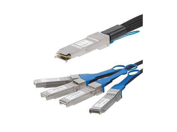 This 1-meter passive Twinax cable from StarTech offers a 100% MSA-uncoded compatible connection between a 40G QSFP+ port and four 10G SFP+ ports. Engineered for performance, it supports 40Gbps data rates and is hot-swappable, ideal for data centers and enterprise networks requiring reliable, low-latency connectivity. Built with quality materials including PVC jacket and 30 AWG conductors, it is TAA-compliant and backed by a lifetime warranty.