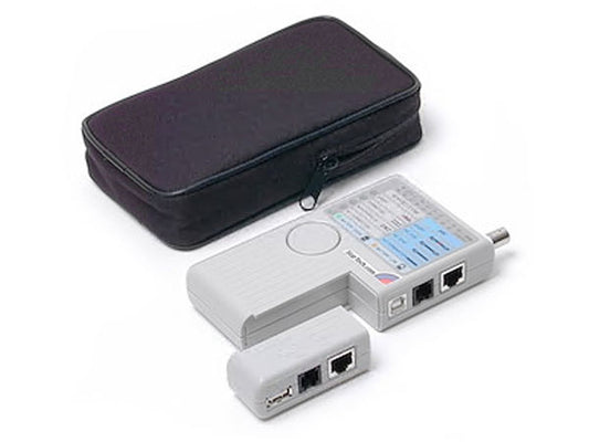 The STARTECH RJ45 RJ11 USB and BNC Cable Tester is a professional-grade, multi-function tool designed for fast and efficient testing of a variety of cable types. It simplifies the diagnosis of network and USB cabling issues, saving time and minimizing setup errors. Ideal for technicians and IT professionals, this durable unit supports wired connectivity and includes a 2-year manufacturer warranty.