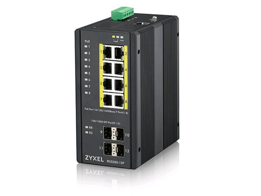 The ZYXEL RGS200-12P is a robust, 12-port Gigabit Ethernet managed industrial switch designed for demanding environments. Eight PoE+ ports deliver up to 240W total power, while four SFP uplinks provide fiber connectivity. Optimized for rugged use, it operates in extreme temperatures and supports Layer 2 management features.