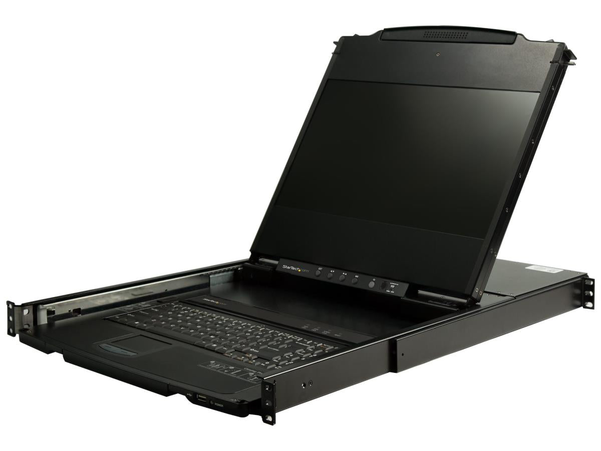 The STARTECH RKCOND17HD is a dual rail 1U rackmount KVM console featuring a full HD 17.3-inch TFT LCD monitor. Designed for server rooms and IT infrastructure, it offers independent sliding rails for the monitor and keyboard and supports both VGA/DVI video and USB input connections. Built for durability, it boasts a 44,230-hour MTBF rating and TAA compliance for government or enterprise use.