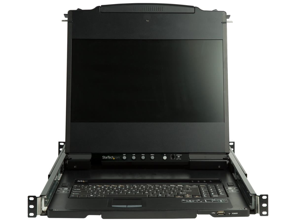 The STARTECH RKCOND17HD is a dual rail 1U rackmount KVM console featuring a full HD 17.3-inch TFT LCD monitor. Designed for server rooms and IT infrastructure, it offers independent sliding rails for the monitor and keyboard and supports both VGA/DVI video and USB input connections. Built for durability, it boasts a 44,230-hour MTBF rating and TAA compliance for government or enterprise use.